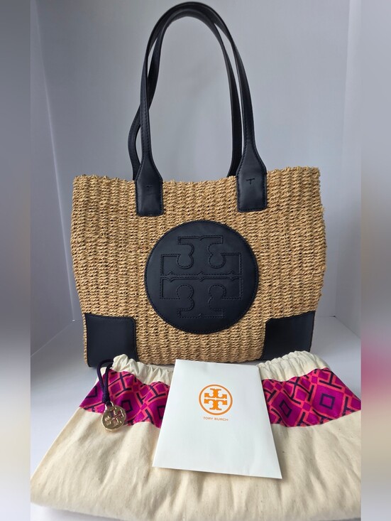 Tory Burch Handbags - Tory Burch Ella Straw Tote | Natural Raffia & Navy Leather | Excellent